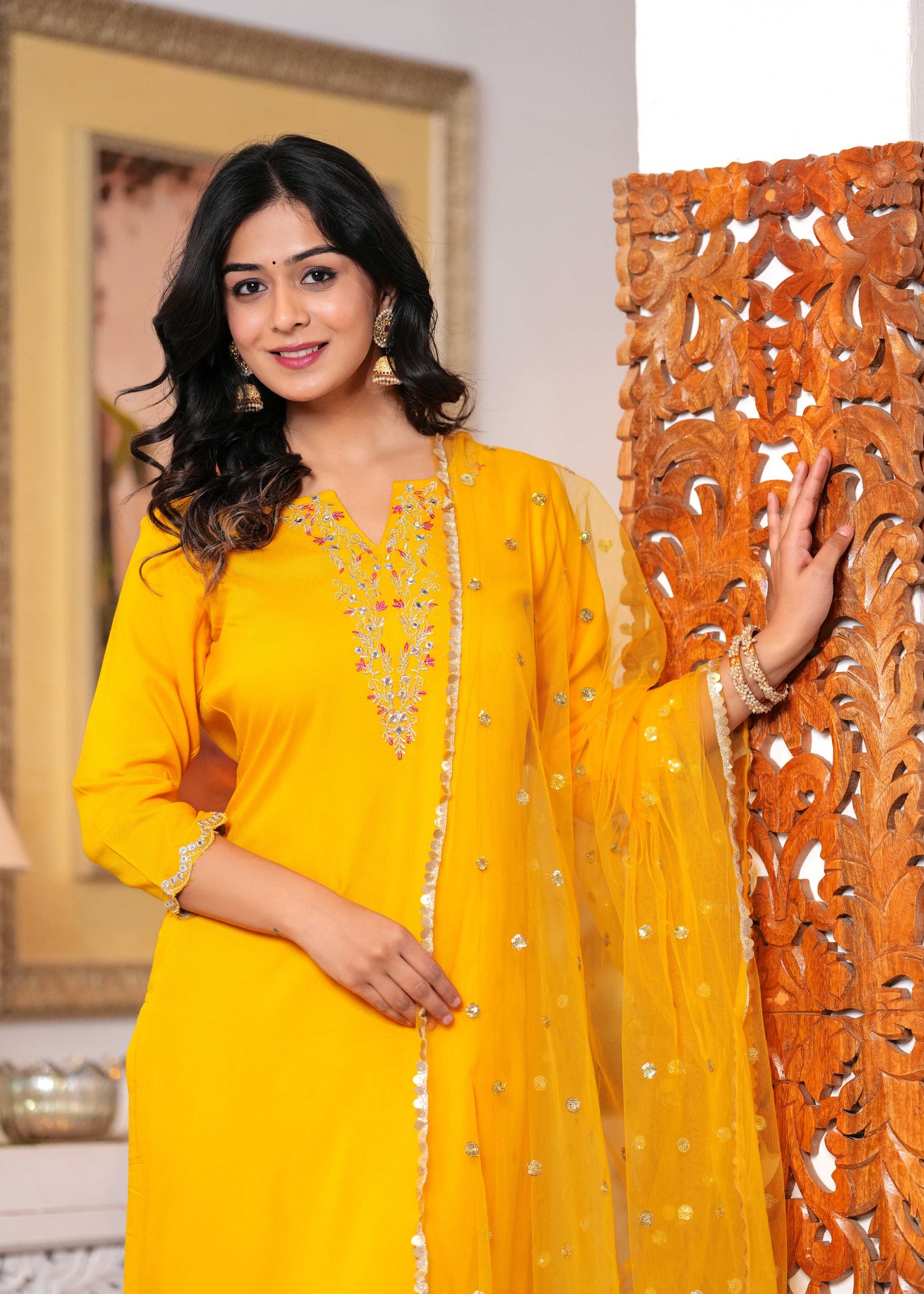 Yellow Embroidered Straight Kurta With Palazzo And Dupatta For Women | LASVINI - Redefining Indian Fashion with Elegance