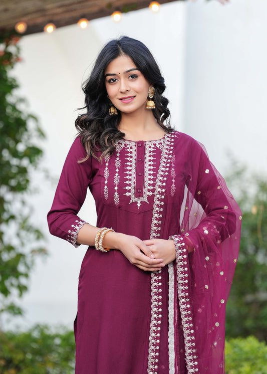 Burgundy Embroidered Straight Kurta With Palazzo And Dupatta For Women | LASVINI - Redefining Indian Fashion with Elegance