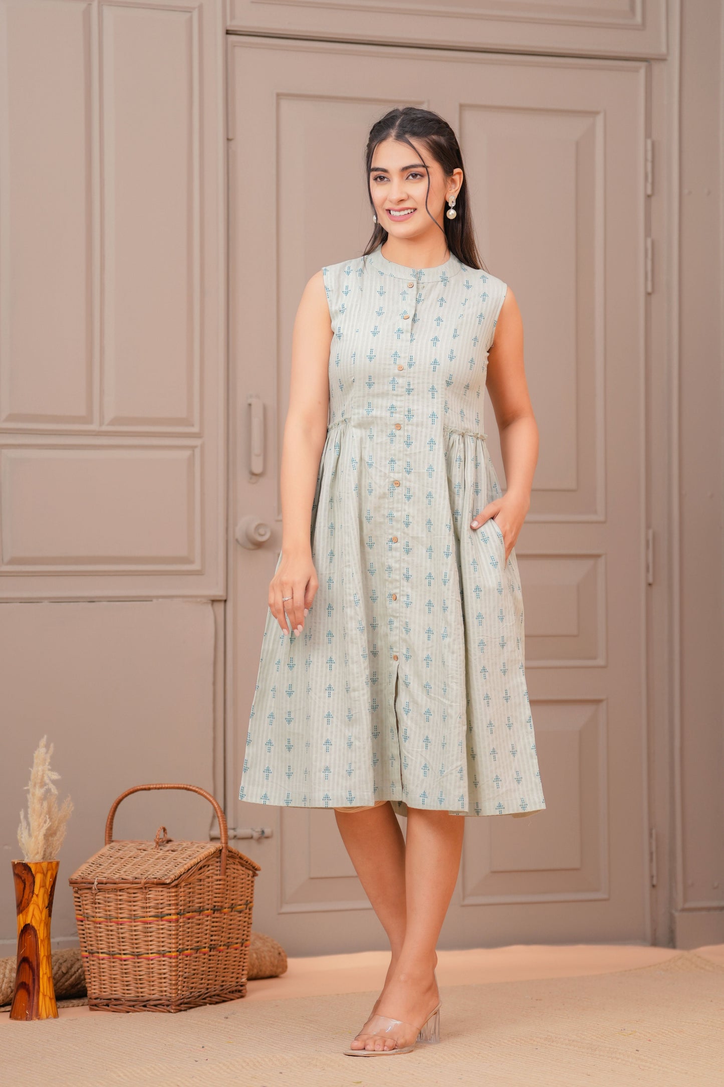 Sage Green Ethnic Printed Flared Dress for Women | LASVINI - Redefining Indian Fashion with Elegance