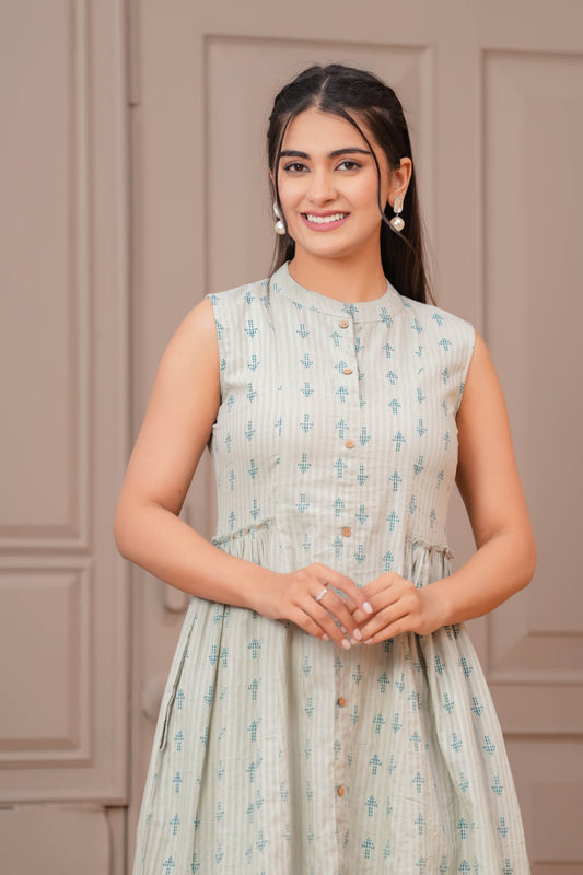 Sage Green Ethnic Printed Flared Dress for Women | LASVINI - Redefining Indian Fashion with Elegance