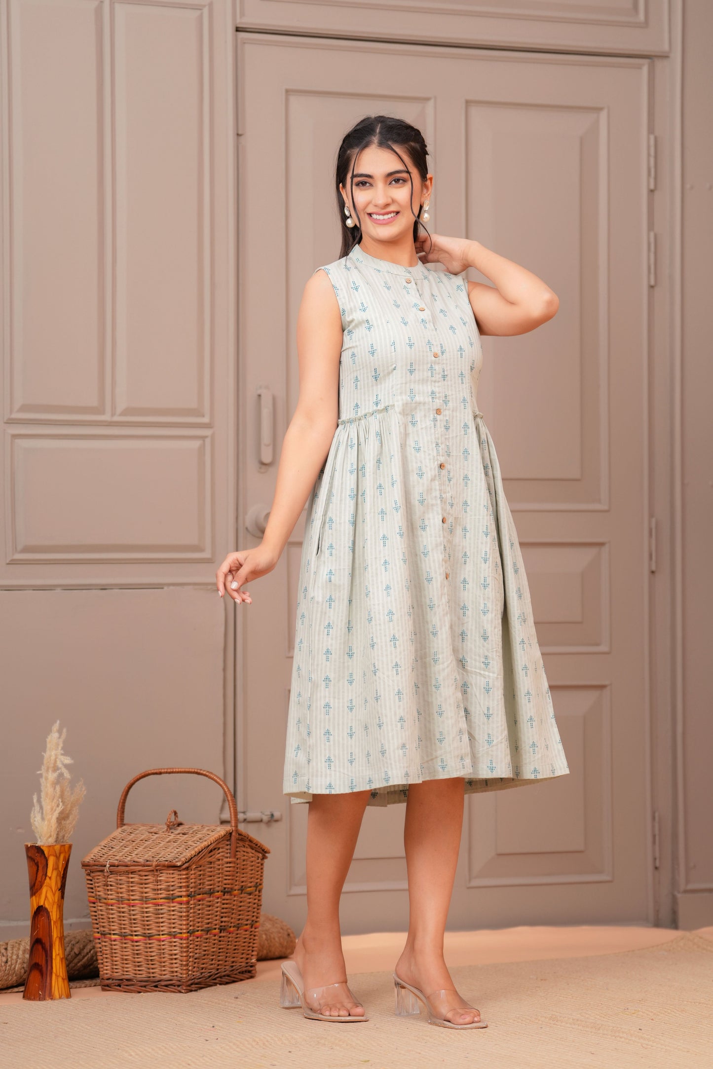 Sage Green Ethnic Printed Flared Dress for Women | LASVINI - Redefining Indian Fashion with Elegance