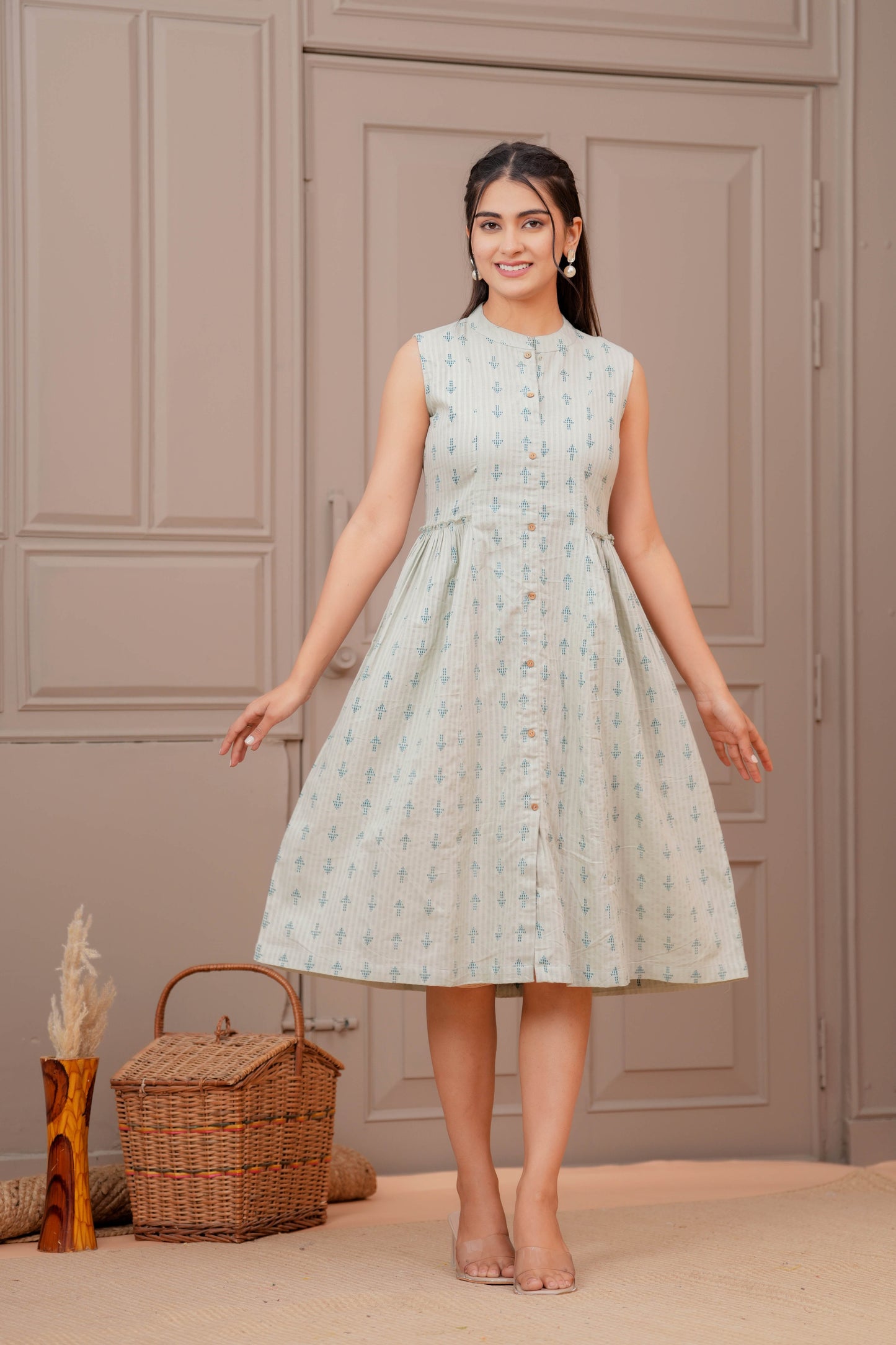 Sage Green Ethnic Printed Flared Dress for Women | LASVINI - Redefining Indian Fashion with Elegance