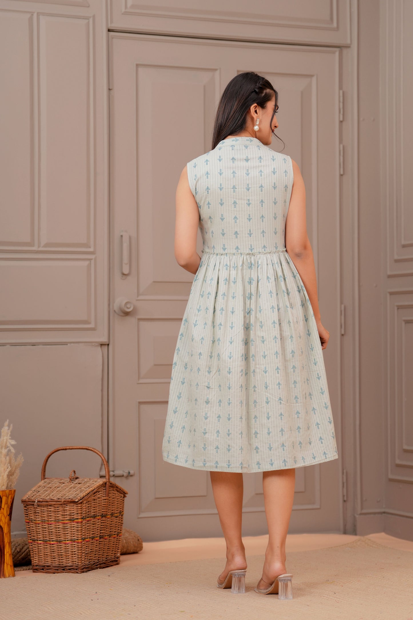 Sage Green Ethnic Printed Flared Dress for Women | LASVINI - Redefining Indian Fashion with Elegance