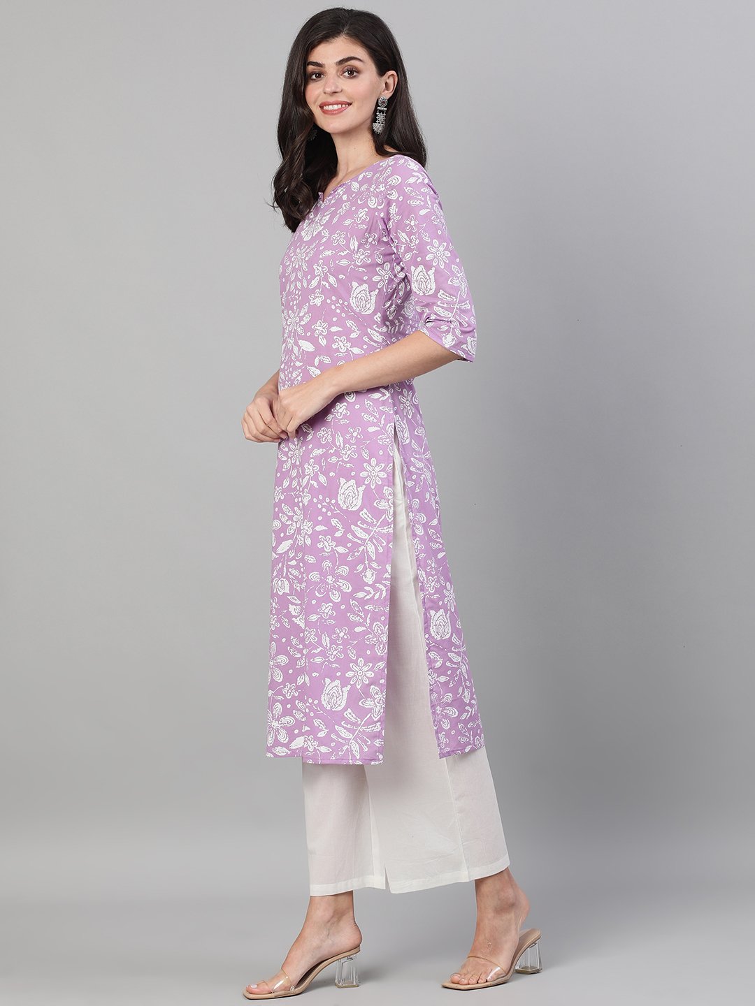 Women Lavender Calf Length Three-Quarter Sleeves Straight Floral Printed Cotton Kurta With Face Mask | LASVINI - Redefining Indian Fashion with Elegance