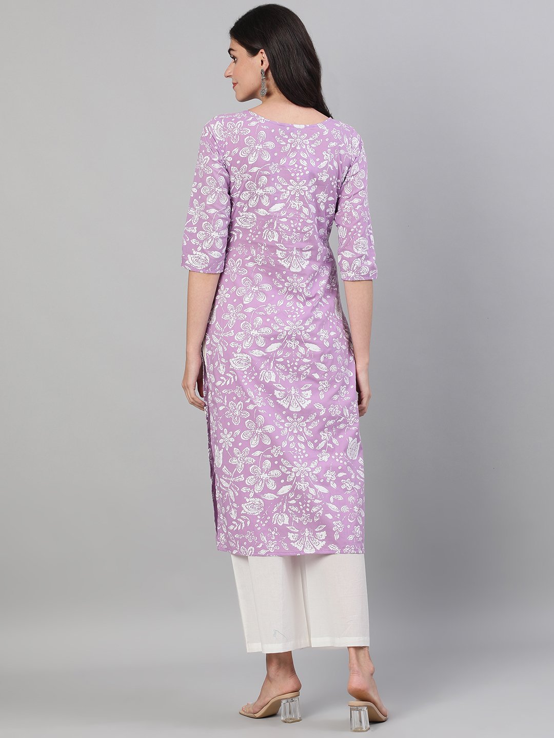 Women Lavender Calf Length Three-Quarter Sleeves Straight Floral Printed Cotton Kurta With Face Mask | LASVINI - Redefining Indian Fashion with Elegance