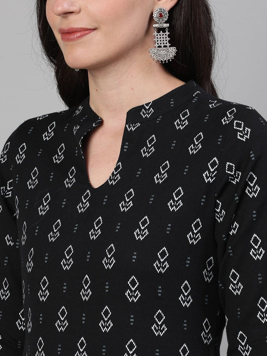 Women Black Calf Length Three-Quarter Sleeves Straight Geometric Printed Cotton Kurta With Pockets And Face Mask | LASVINI - Redefining Indian Fashion with Elegance