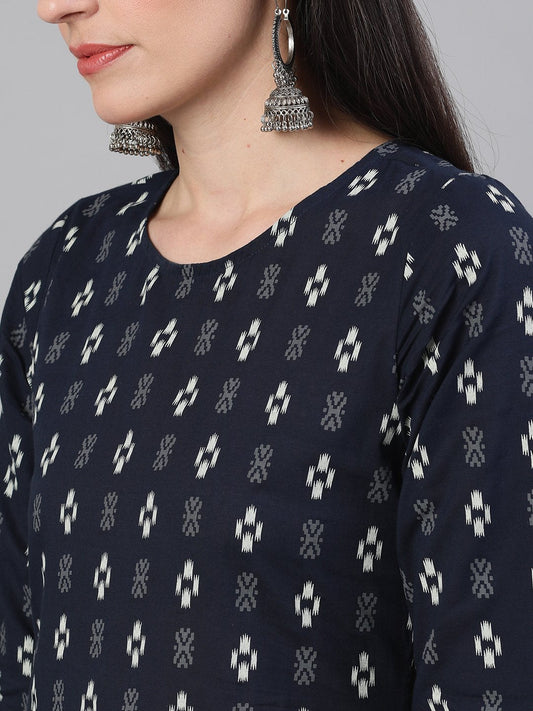 Women Navy Blue Three-Quarter Sleeves Straight Kurta With Palazzo And Pockets | LASVINI - Redefining Indian Fashion with Elegance