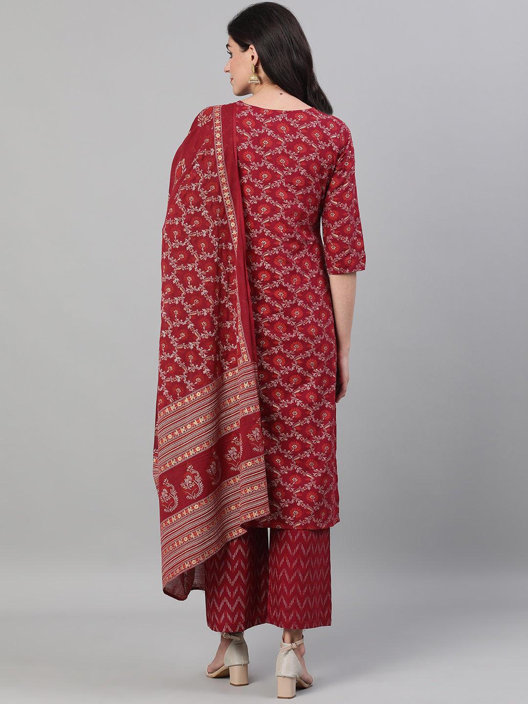 Women Burgundy Gold Printed Three-Quarter Sleeves Straight Kurta With Palazzo And Dupatta With Pockets And Face Mask | LASVINI - Redefining Indian Fashion with Elegance