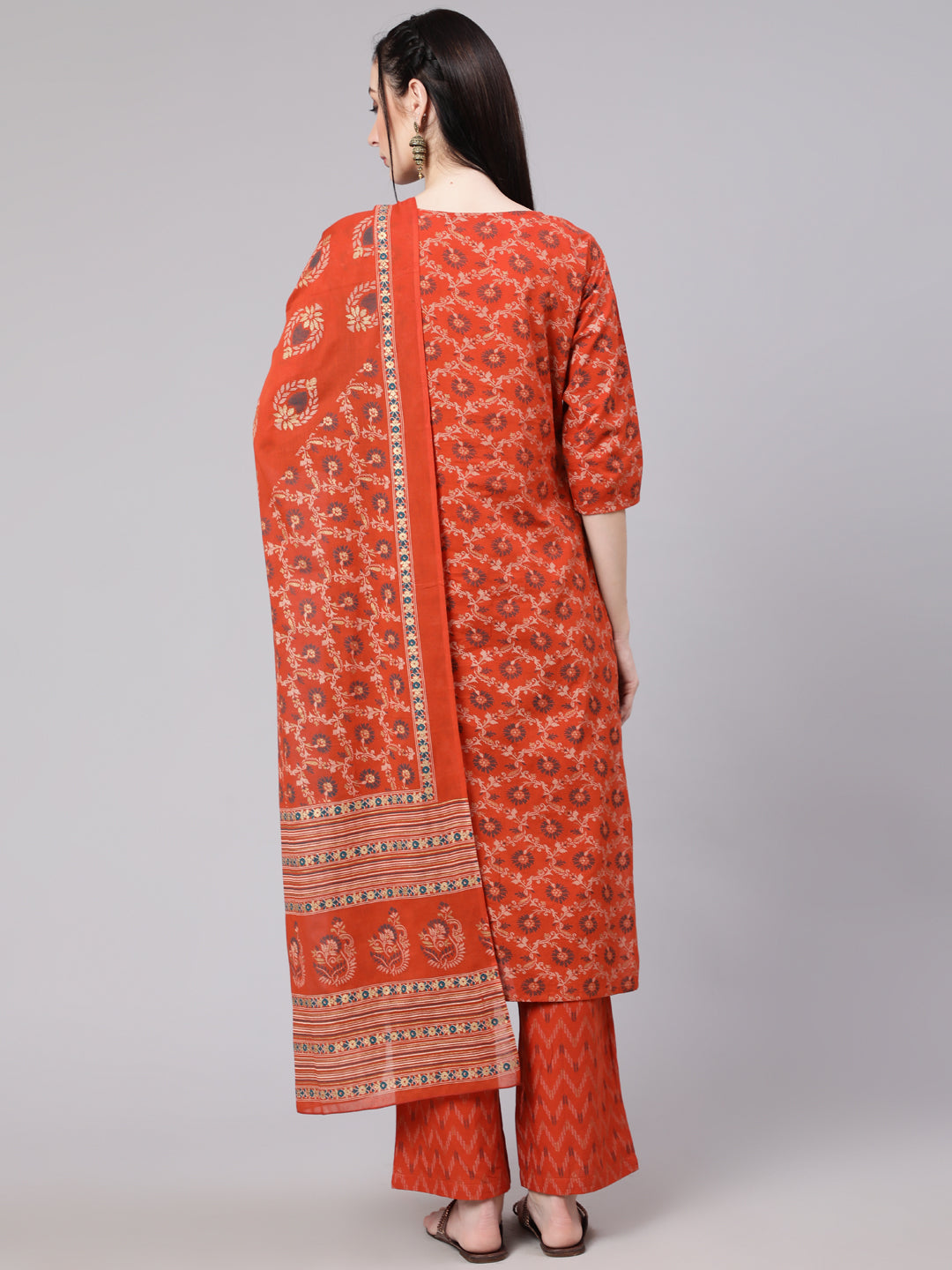 Women Rust Printed Straight Kurta With Plazo & Dupatta | LASVINI - Redefining Indian Fashion with Elegance