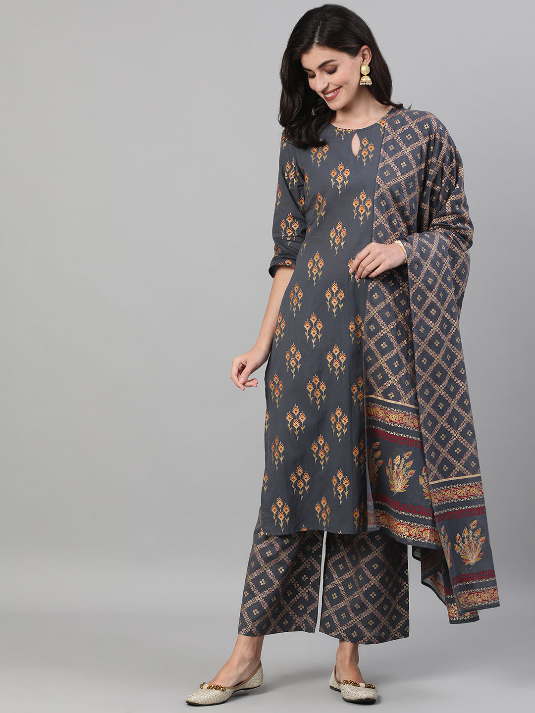 Women Steel Grey Gold Printed Three-Quarter Sleeves Straight Kurta With Palazzo And Dupatta With Pockets And Face Mask | LASVINI - Redefining Indian Fashion with Elegance