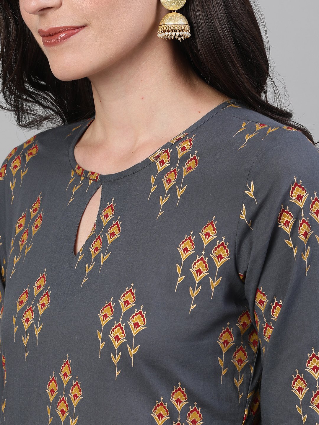 Women Steel Grey Gold Printed Three-Quarter Sleeves Straight Kurta With Palazzo And Dupatta With Pockets And Face Mask | LASVINI - Redefining Indian Fashion with Elegance