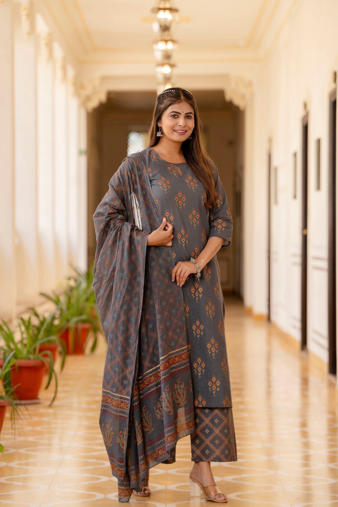 Women Grey & Gold Ethnic Motifs Print Cotton Straight Kurta Palazzos Dupatta | LASVINI - Redefining Indian Fashion with Elegance