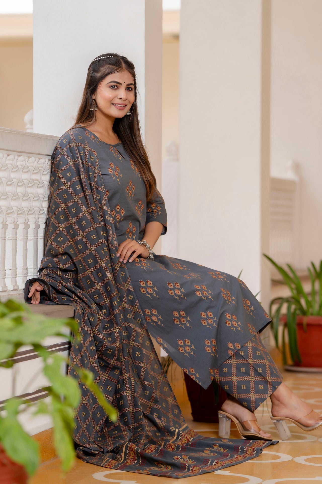 Women Grey & Gold Ethnic Motifs Print Cotton Straight Kurta Palazzos Dupatta | LASVINI - Redefining Indian Fashion with Elegance