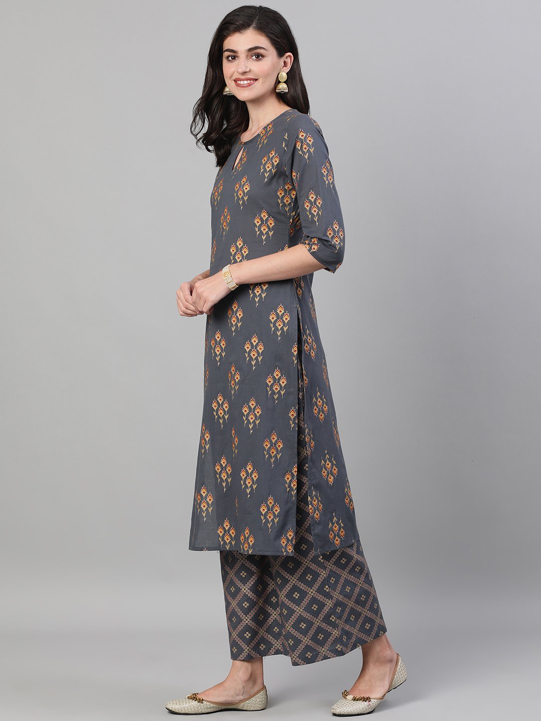 Women Steel Grey Gold Printed Three-Quarter Sleeves Straight Kurta With Palazzo And Dupatta With Pockets And Face Mask | LASVINI - Redefining Indian Fashion with Elegance