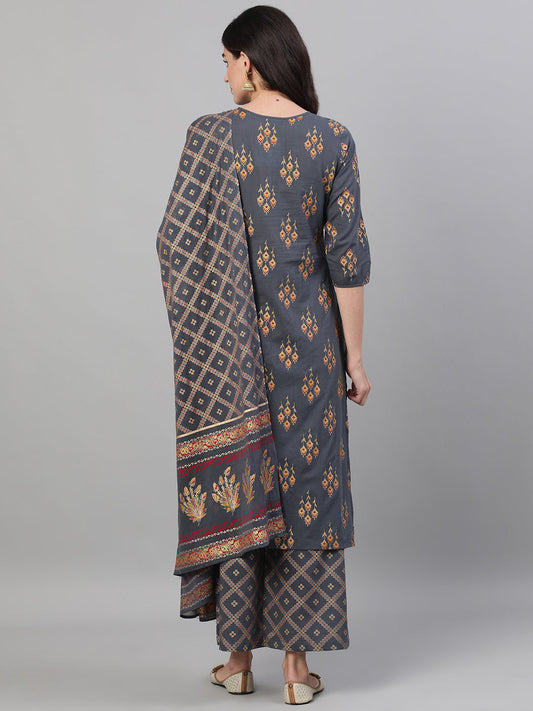 Women Steel Grey Gold Printed Three-Quarter Sleeves Straight Kurta With Palazzo And Dupatta With Pockets And Face Mask | LASVINI - Redefining Indian Fashion with Elegance