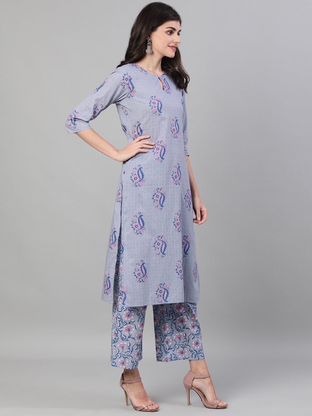 Women Grey Three-Quarter Sleeves Straight Kurta With Palazzo And Dupatta With Pockets And Face Mask | LASVINI - Redefining Indian Fashion with Elegance