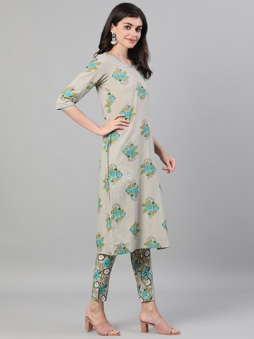 Women Beige Three-Quarter Sleeves Straight Kurta With Palazzo And Dupatta With Pockets And Face Mask | LASVINI - Redefining Indian Fashion with Elegance