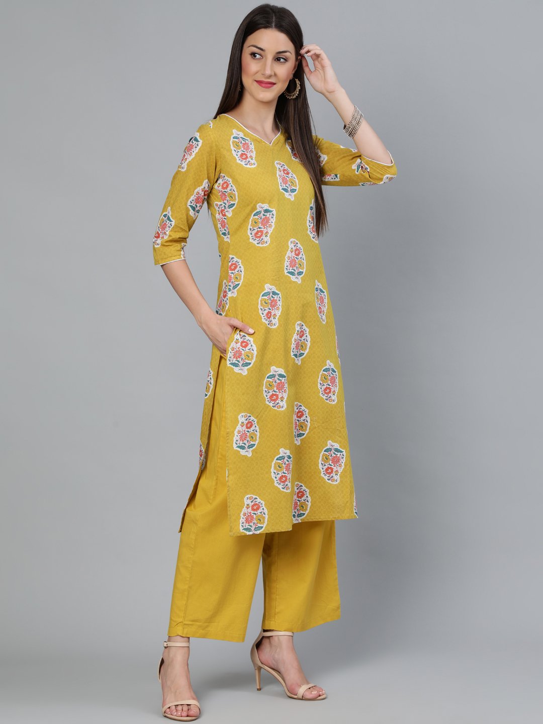 Women Mustard Three-Quarter Sleeves Straight Kurta With Palazzo And Dupatta With Pockets | LASVINI - Redefining Indian Fashion with Elegance