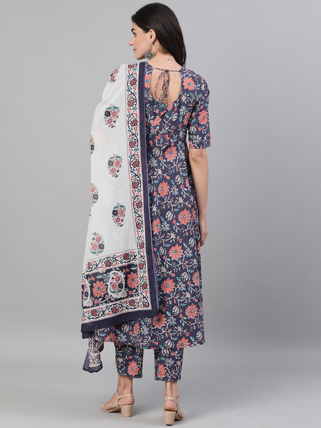 Women Blue Three-Quarter Sleeves Flared Kurta With Palazzo And Dupatta With Pockets And Face Mask | LASVINI - Redefining Indian Fashion with Elegance