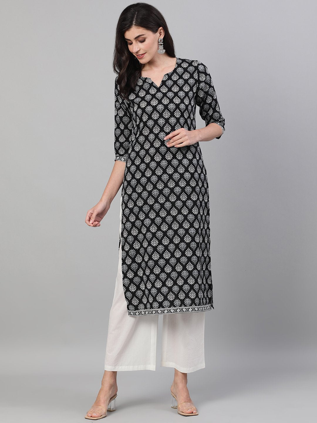 Women Black Calf Length Three-Quarter Sleeves Straight Ethnic Motif Printed Cotton Kurta With Pockets And Face Mask | LASVINI - Redefining Indian Fashion with Elegance