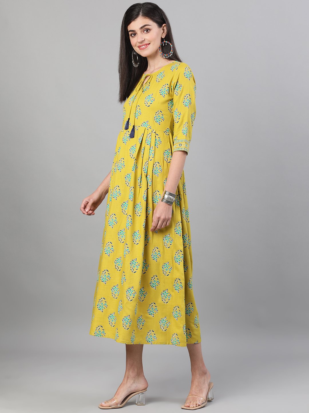 Women Green Printed Round Neck Viscose Rayon Fit And Flare Dress With Pockets | LASVINI - Redefining Indian Fashion with Elegance