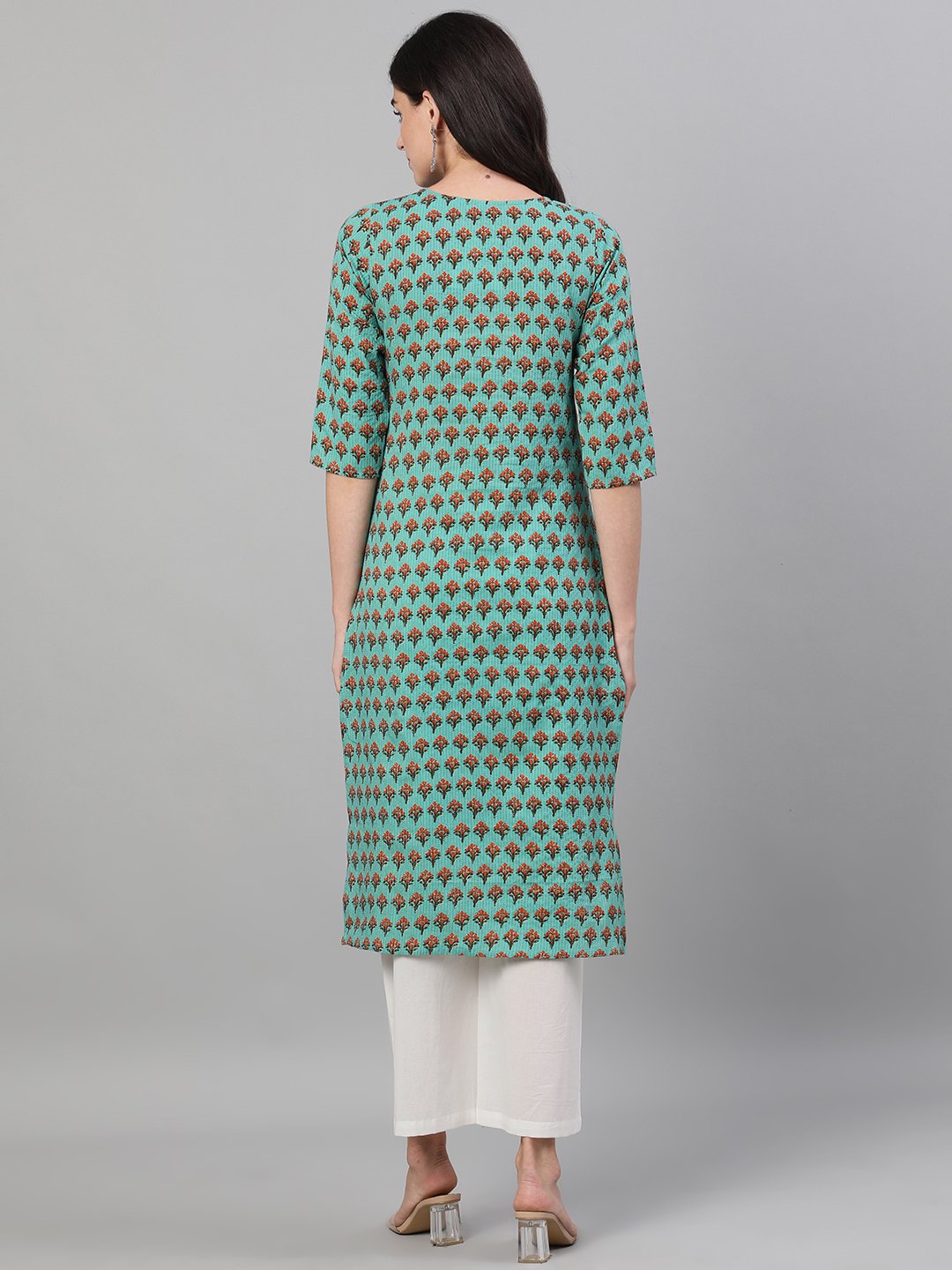 Women Green Three-Quarter Sleeves Straight Kurta With Palazzo With Pockets | LASVINI - Redefining Indian Fashion with Elegance