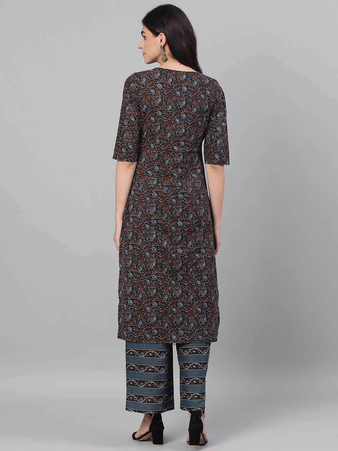 Women Brown And Blue Three-Quarter Sleeves Straight Kurta With Palazzo With Pockets And Face Mask | LASVINI - Redefining Indian Fashion with Elegance