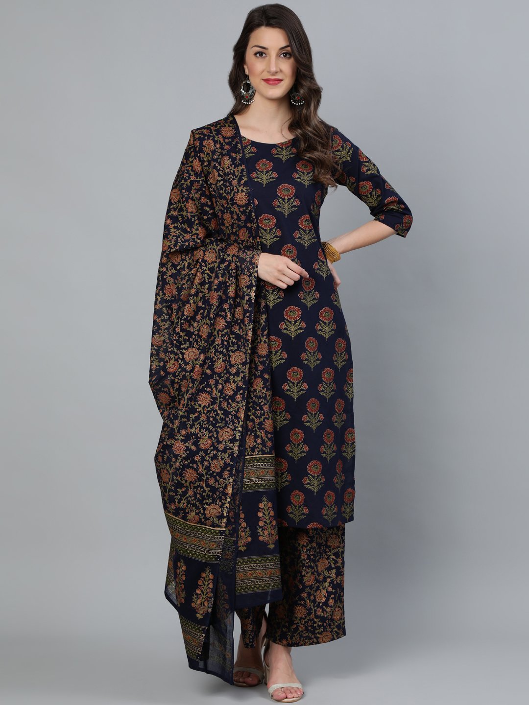 Women Blue And Gold Printed Traight Kurta With Palazzo & Dupatta | LASVINI - Redefining Indian Fashion with Elegance