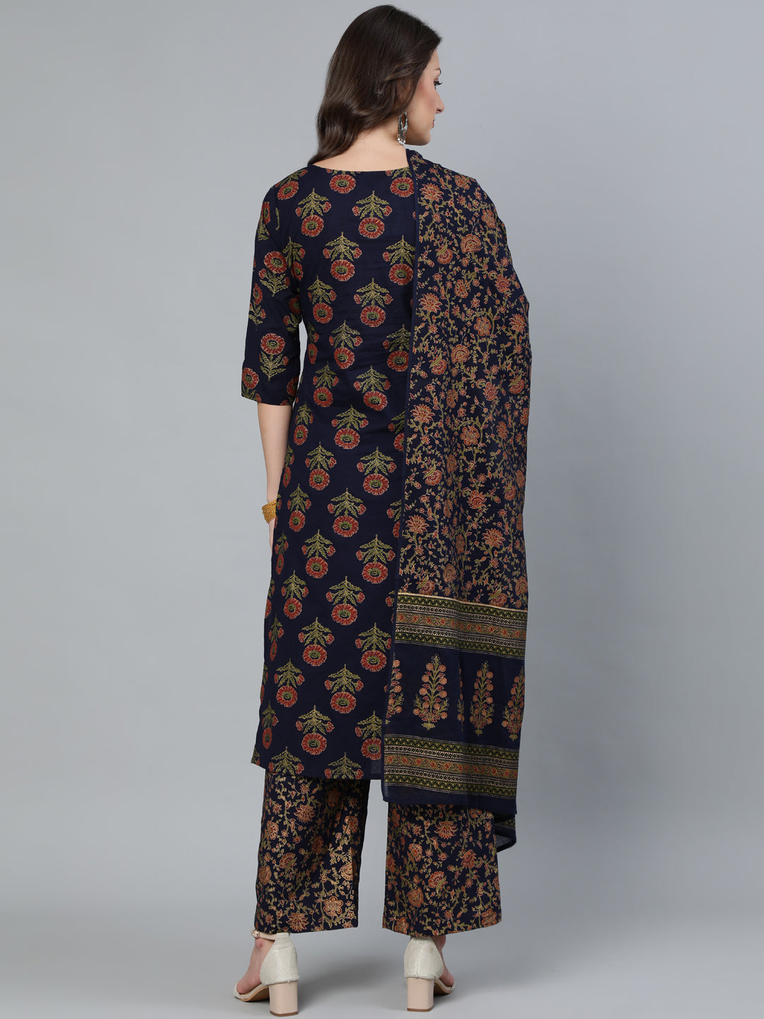 Women Blue And Gold Printed Traight Kurta With Palazzo & Dupatta | LASVINI - Redefining Indian Fashion with Elegance