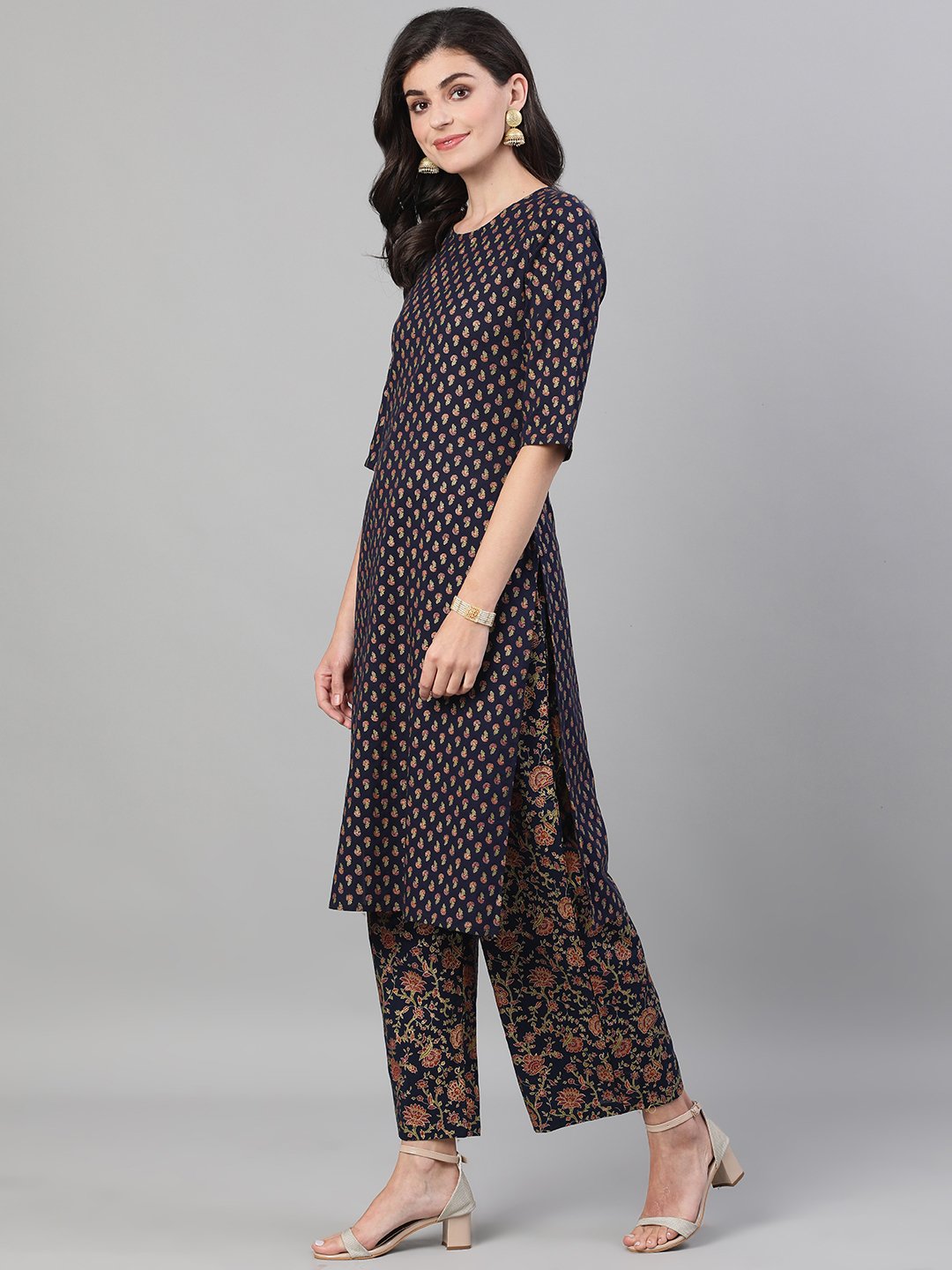 Women Blue And Orange Gold Printed Three-Quarter Sleeves Straight Kurta With Palazzo And Dupatta With Pockets And Face Mask | LASVINI - Redefining Indian Fashion with Elegance