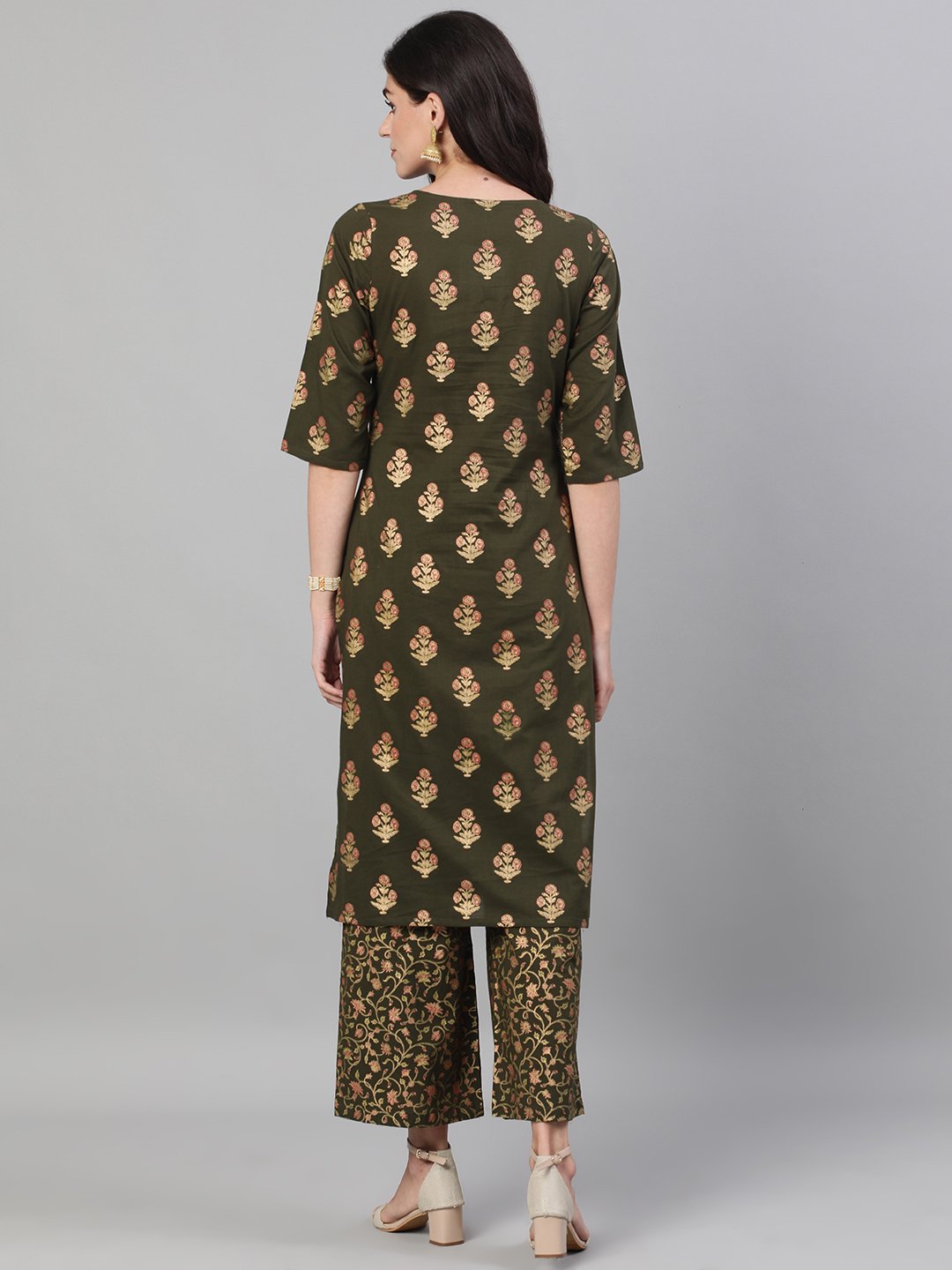 Women Mehendi Green And Pink Gold Printed Three-Quarter Sleeves Straight Kurta With Palazzo With Pockets And Face Mask | LASVINI - Redefining Indian Fashion with Elegance