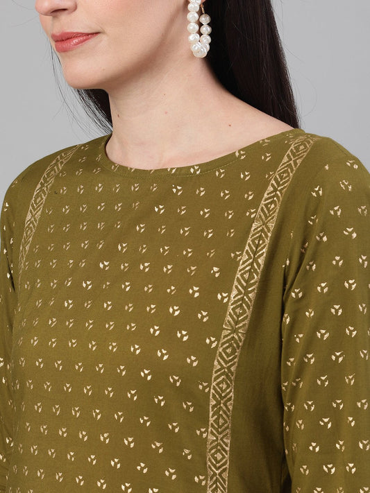 Women Blue Calf Length Three-Quarter Sleeves Straight Ethnic Motif Printed Cotton Kurta Set With Pockets | LASVINI - Redefining Indian Fashion with Elegance