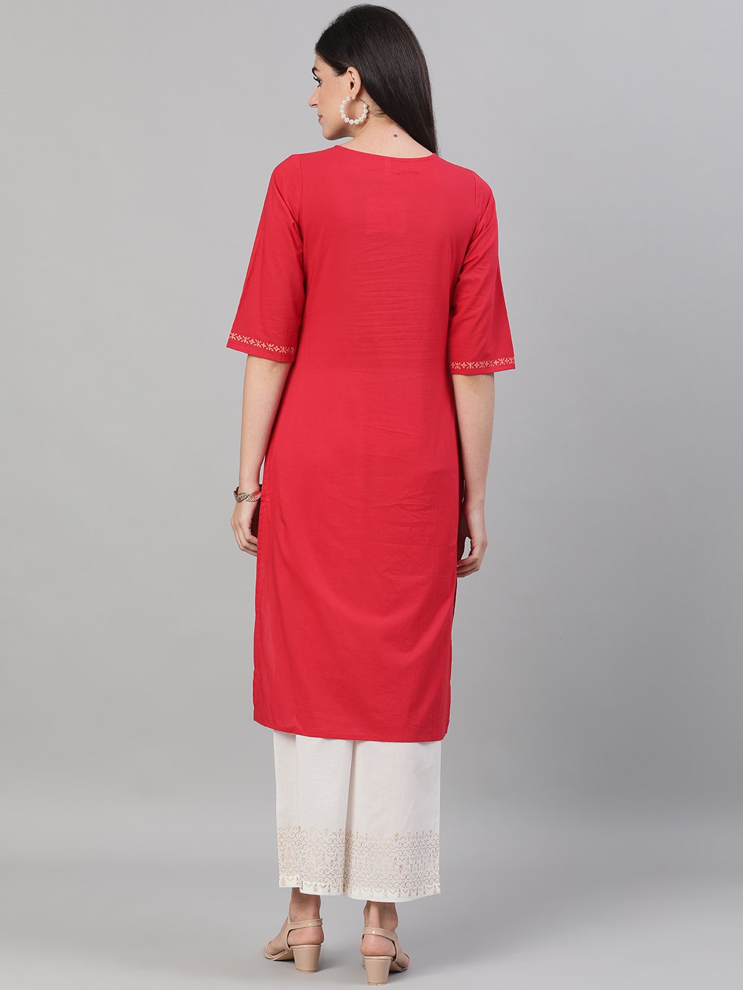 Women Red And White Three-Quarter Sleeves Block Printed Straight Kurta With Palazzo And Pockets | LASVINI - Redefining Indian Fashion with Elegance