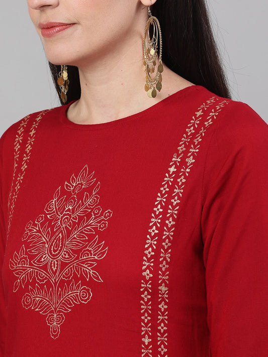 Women Maroon Three-Quarter Sleeves Block Printed Straight Kurta With Palazzo And Pockets | LASVINI - Redefining Indian Fashion with Elegance