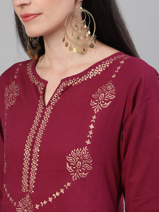 Women Wine Three-Quarter Sleeves Block Printed Straight Kurta With Palazzo And Pockets | LASVINI - Redefining Indian Fashion with Elegance