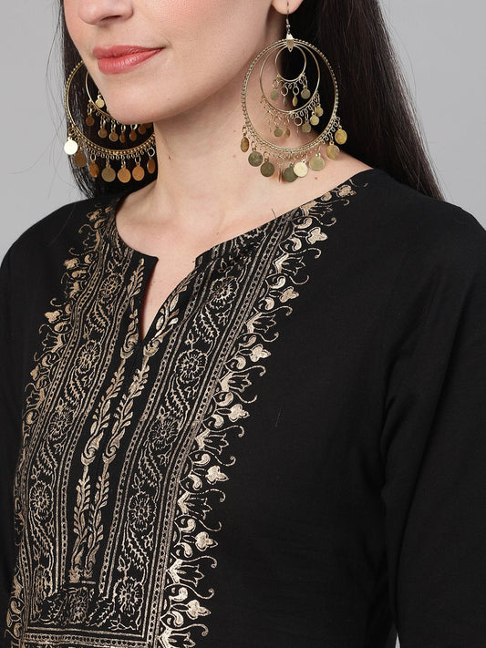 Women Black Three-Quarter Sleeves Block Printed Straight Kurta With Palazzo And Pockets | LASVINI - Redefining Indian Fashion with Elegance