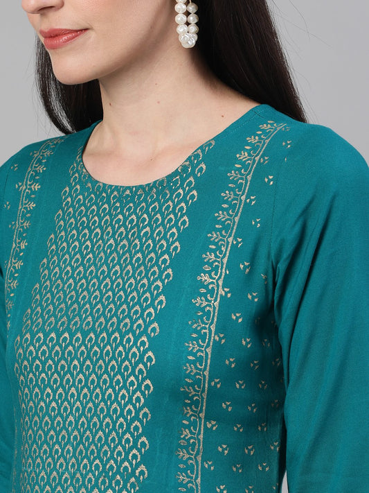 Women Rama Green And White Three-Quarter Sleeves Block Printed Straight Kurta With Palazzo And Pockets | LASVINI - Redefining Indian Fashion with Elegance