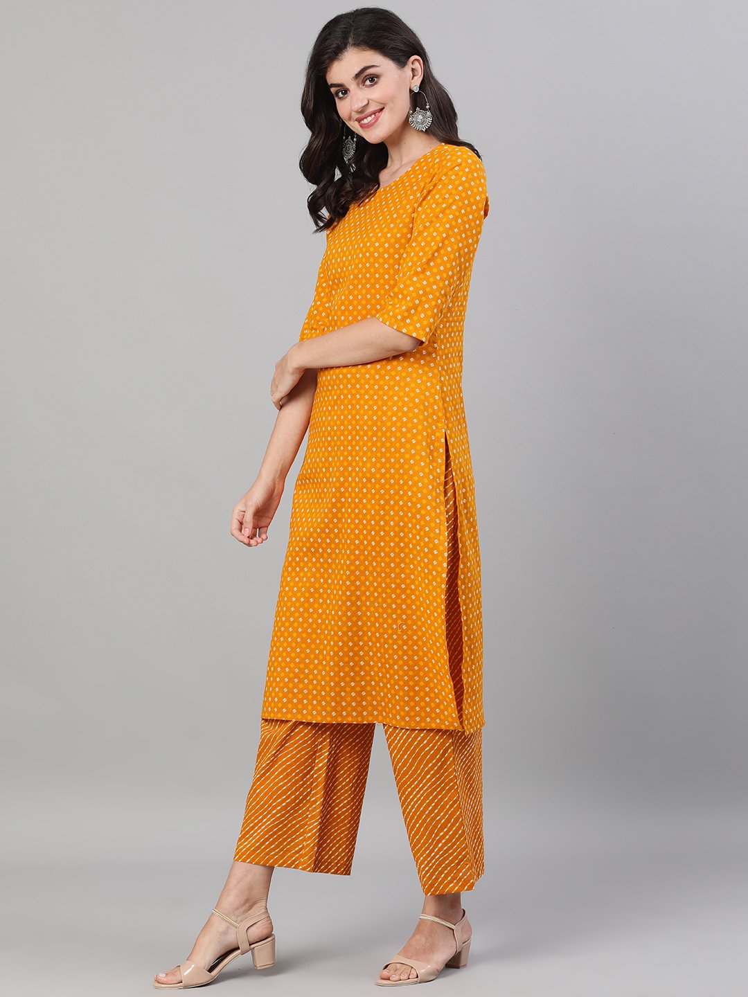 Women Yellow Three-Quarter Sleeves Printed Kurta-Palazzo With Pockets Dupatta And Fask Mask | LASVINI - Redefining Indian Fashion with Elegance