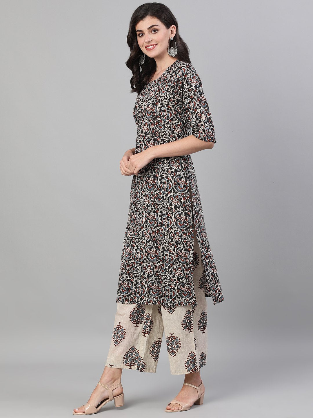 Women Black And White Three-Quarter Sleeves Printed Kurta-Palazzo With Pockets Dupatta And Face Mask | LASVINI - Redefining Indian Fashion with Elegance