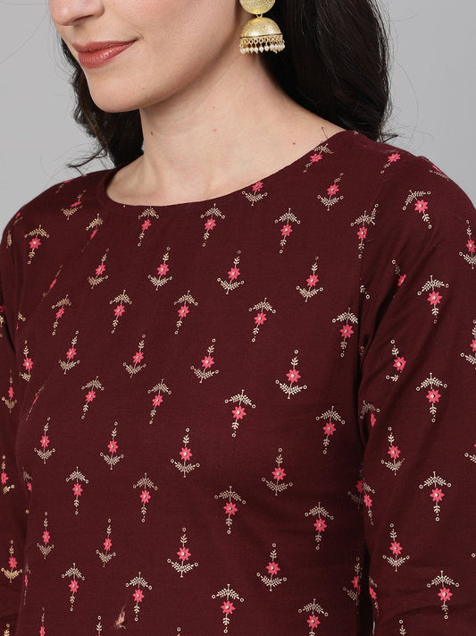 Women Wine Three-Quarter Sleeves Printed Kurta-Palazzo With Pockets And Face Mask | LASVINI - Redefining Indian Fashion with Elegance