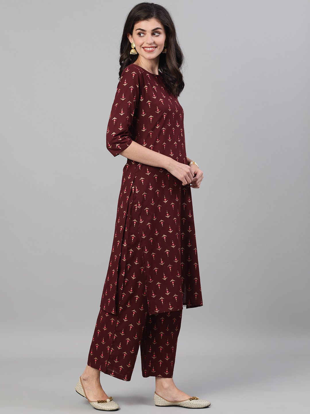 Women Wine Three-Quarter Sleeves Printed Kurta-Palazzo With Pockets And Face Mask | LASVINI - Redefining Indian Fashion with Elegance