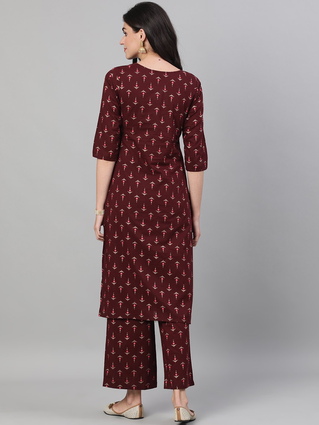 Women Wine Three-Quarter Sleeves Printed Kurta-Palazzo With Pockets And Face Mask | LASVINI - Redefining Indian Fashion with Elegance