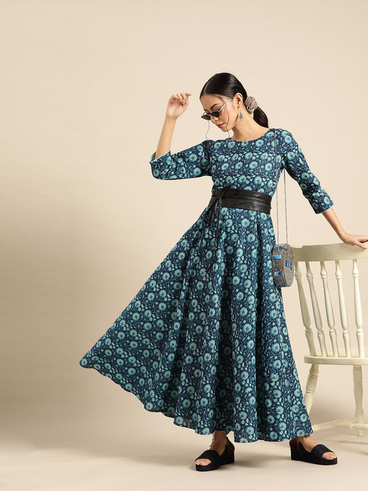 Womens Indigo Floral Printed Flared Dress With Round Neck & Three Quarters Sleeves | LASVINI - Redefining Indian Fashion with Elegance