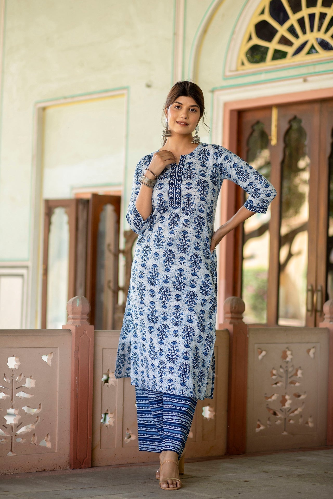 Women White & Indigo Three-Quarter Sleeves Straight Kurta With Palazzo | LASVINI - Redefining Indian Fashion with Elegance