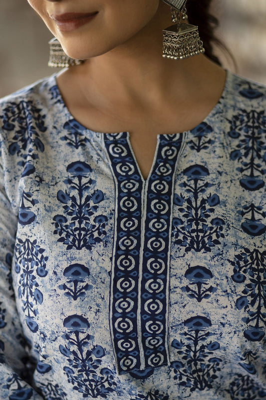 Women White & Indigo Three-Quarter Sleeves Straight Kurta With Palazzo | LASVINI - Redefining Indian Fashion with Elegance