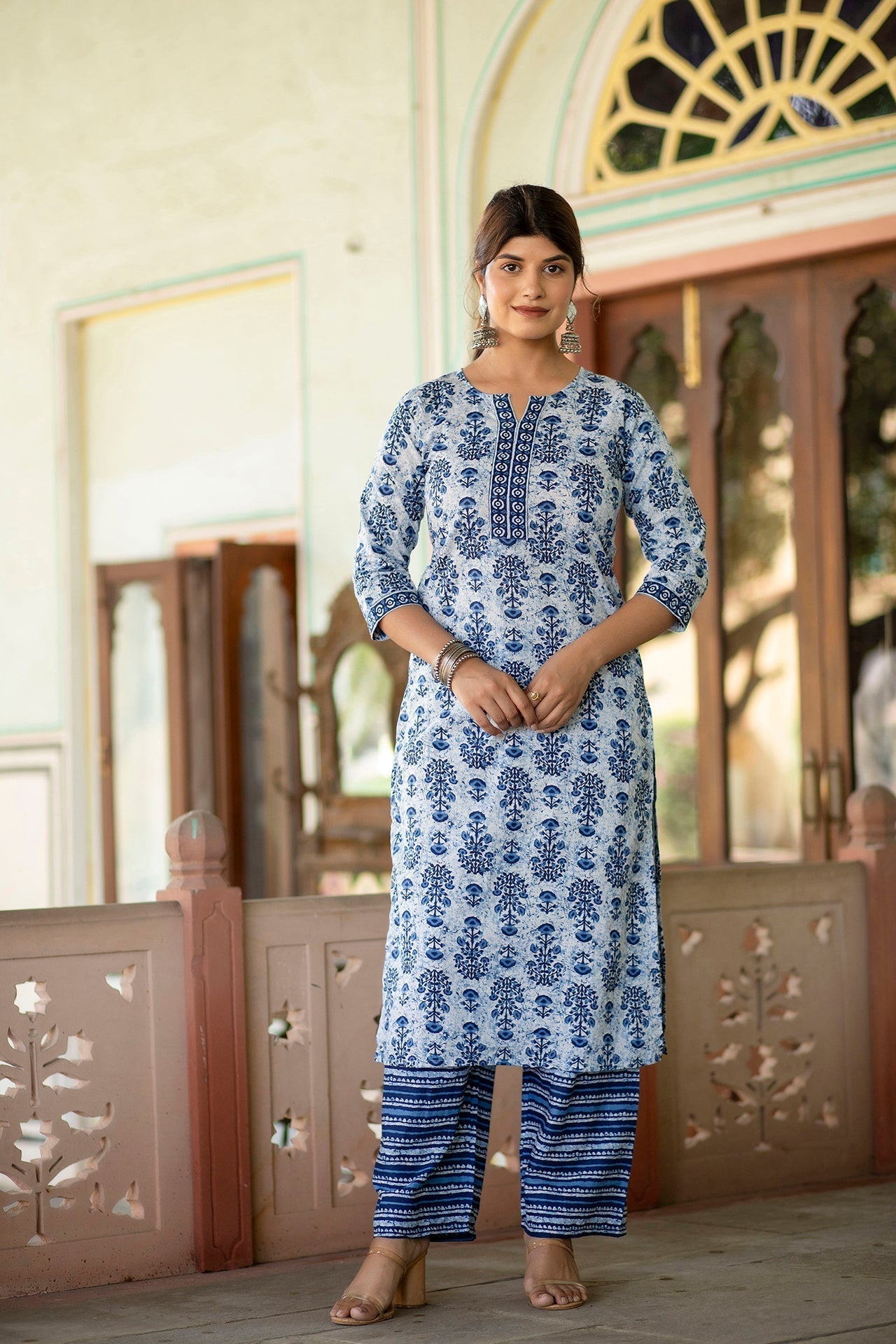 Women White & Indigo Three-Quarter Sleeves Straight Kurta With Palazzo | LASVINI - Redefining Indian Fashion with Elegance