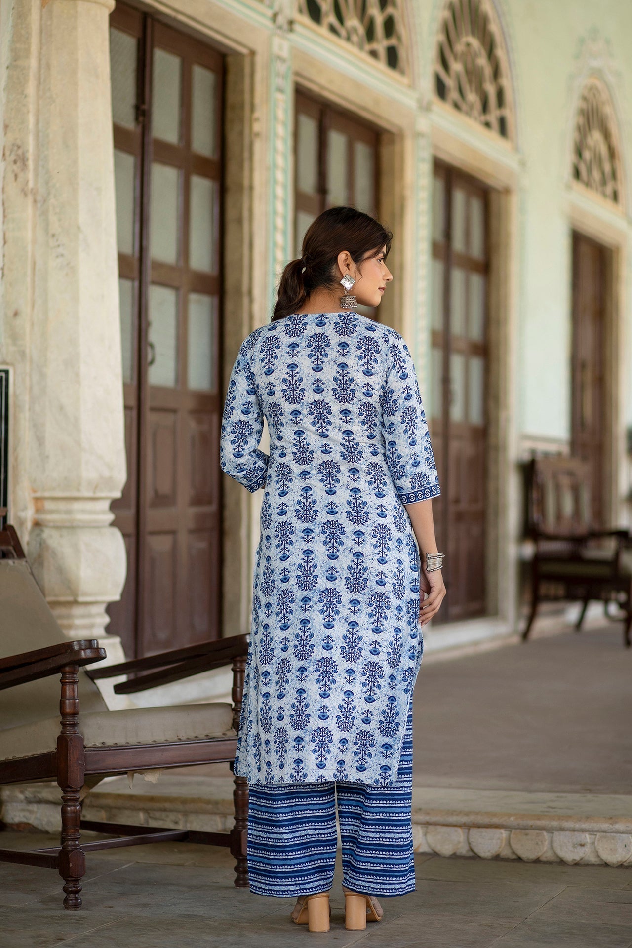 Women White & Indigo Three-Quarter Sleeves Straight Kurta With Palazzo | LASVINI - Redefining Indian Fashion with Elegance