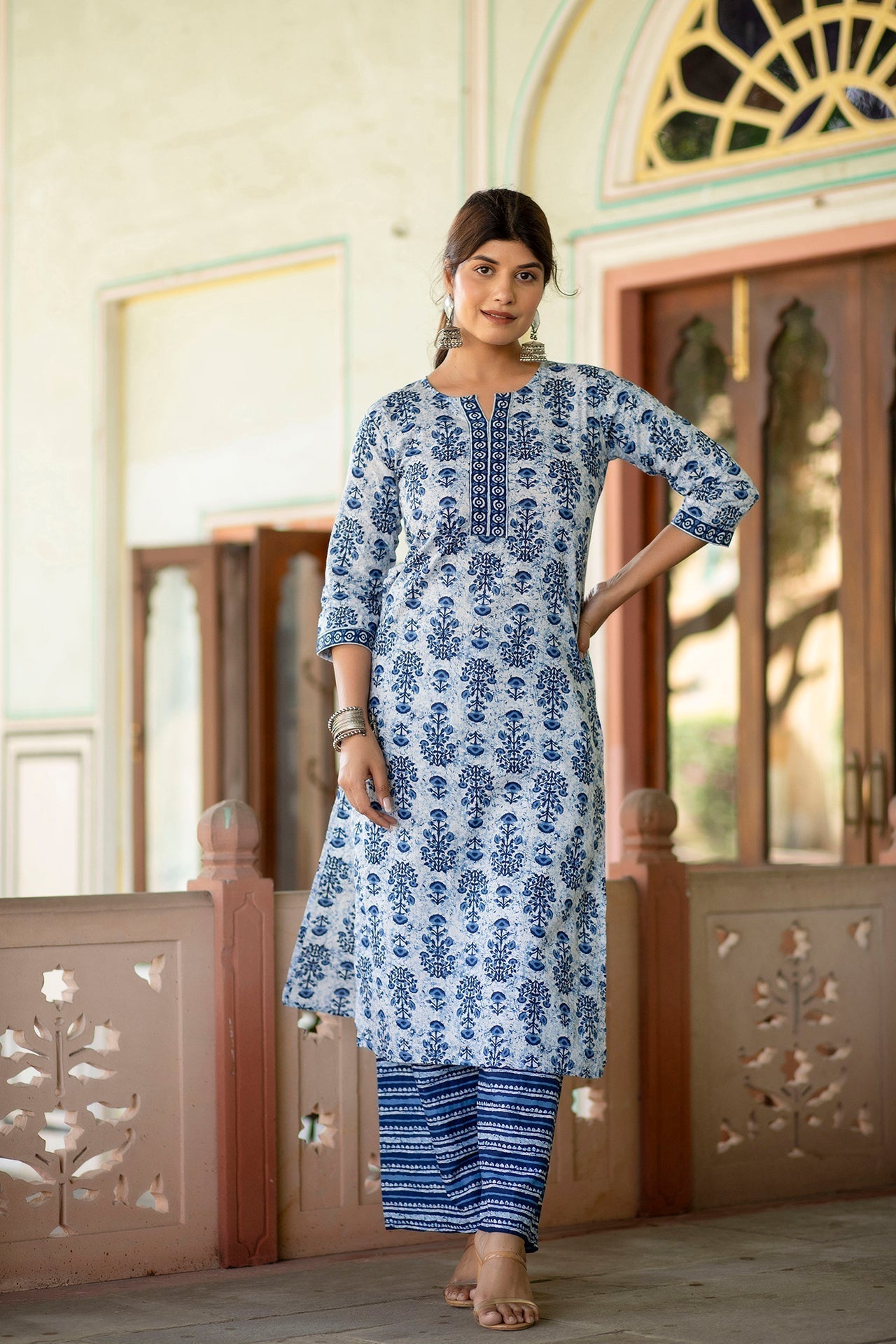 Women White & Indigo Three-Quarter Sleeves Straight Kurta With Palazzo | LASVINI - Redefining Indian Fashion with Elegance