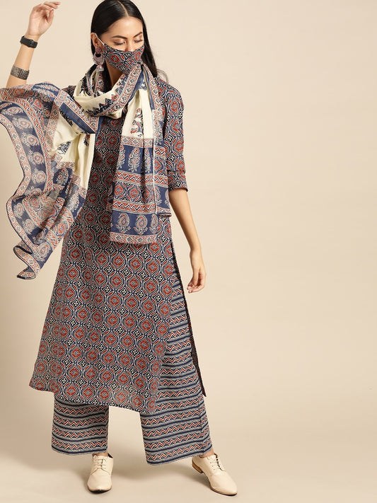 Women Red & Indigo Three-Quarter Sleeves Straight Kurta With Palazzo & Printed Dupatta | LASVINI - Redefining Indian Fashion with Elegance