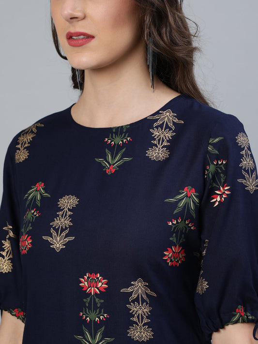 Women Navy Blue Floral Printed Straight Kurta With Round Neck & Three Qauter Sleeves | LASVINI - Redefining Indian Fashion with Elegance